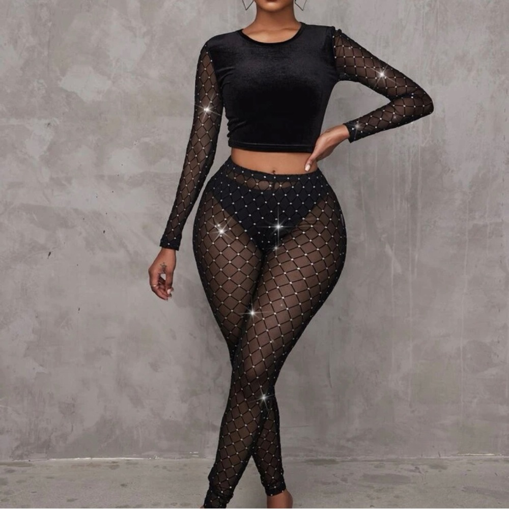 Rhinestone Mesh Shirt and Leggings